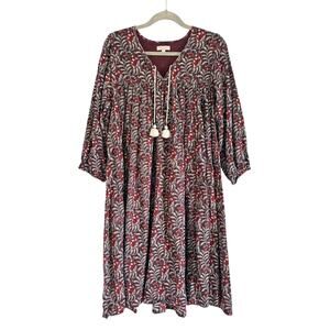 PINK CHICKEN BLOCK PRINT FLORAL EMPIRE WAIST MIDI DRESS